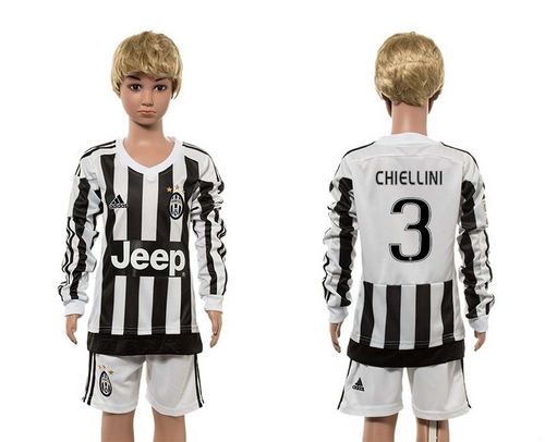 Juventus #3 Chiellini Home Long Sleeves Kid Soccer Club Jersey