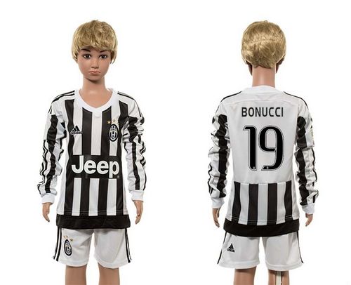 Juventus #19 Bonucci Home Long Sleeves Kid Soccer Club Jersey