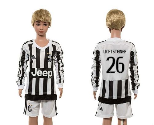 Juventus #26 Lichtsteiner Home Long Sleeves Kid Soccer Club Jersey