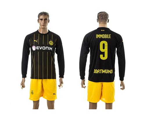 Dortmund #9 Immobile Black(Yellow Shorts) Away Long Sleeves Soccer Club Jersey