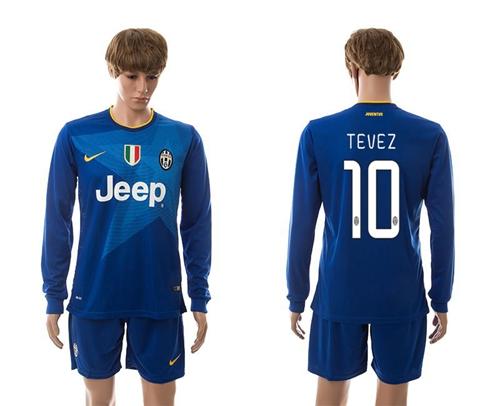 Juventus #10 Tevez Blue Away Long Sleeves Soccer Club Jersey