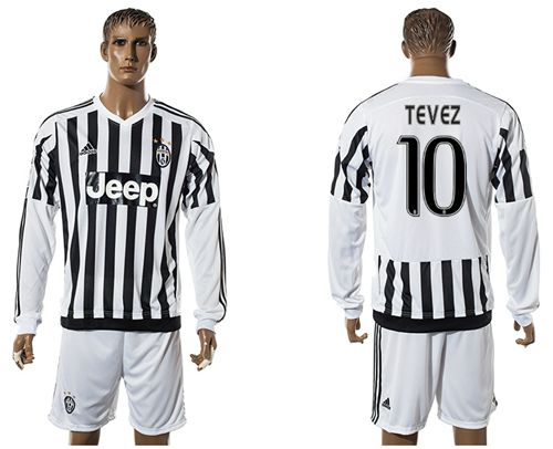 Juventus #10 Tevez Home Long Sleeves Soccer Club Jersey