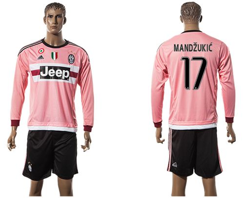 Juventus #17 Mandzukic Pink Long Sleeves Soccer Club Jersey