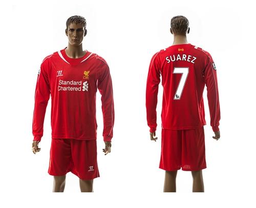 Liverpool #7 Suarez Red Home Long Sleeves Soccer Club Jersey