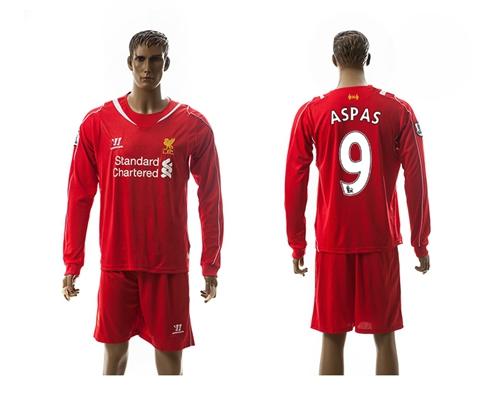 Liverpool #9 Aspas Red Home Long Sleeves Soccer Club Jersey
