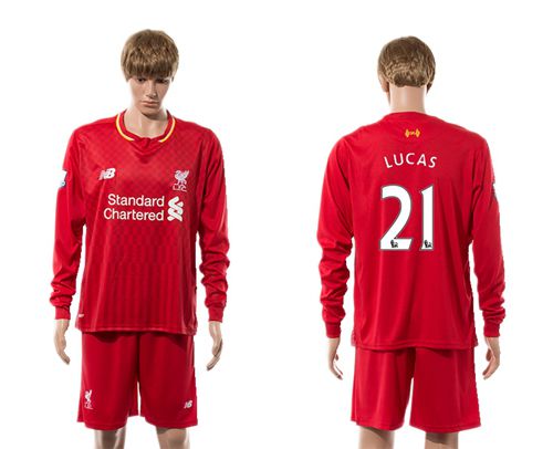 Liverpool #21 Lucas Red Home Long Sleeves Soccer Club Jersey