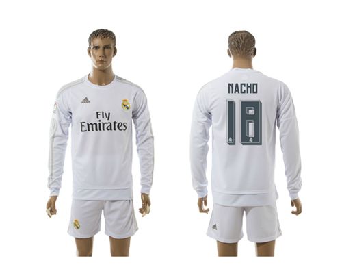Real Madrid #18 Nacho White Home Long Sleeves Soccer Club Jersey