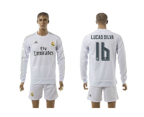 Real Madrid #16 Lucas Silva White Home Long Sleeves Soccer Club Jersey
