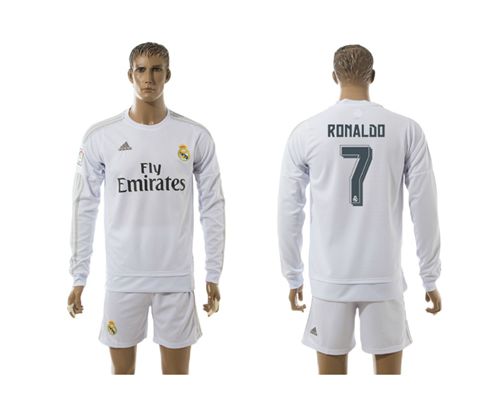 Real Madrid #7 Ronaldo White Home Long Sleeves Soccer Club Jersey