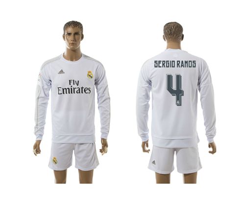 Real Madrid #4 Sergio Ramos White Home Long Sleeves Soccer Club Jersey