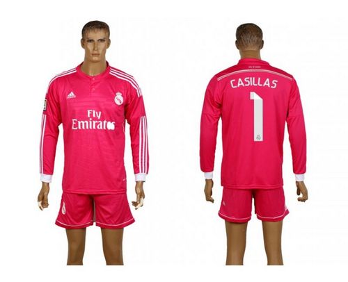 Real Madrid #1 Casillas Pink Away Long Sleeves Soccer Club Jersey