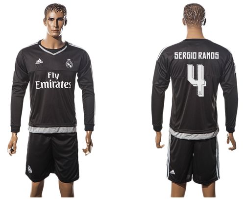 Real Madrid #4 Sergio Ramos Black Goalkeeper Long Sleeves Soccer Club Jersey