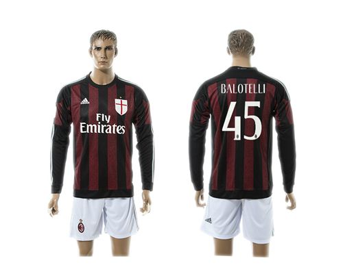 AC Milan #45 Balotelli Home Long Sleeves Soccer Club Jersey