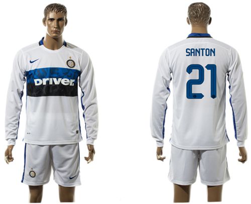 Inter Milan #21 Santon White Away Long Sleeves Soccer Club Jersey