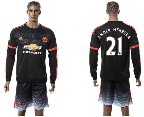 Manchester United #21 Ander Herrera Black Long Sleeves Soccer Club Jersey