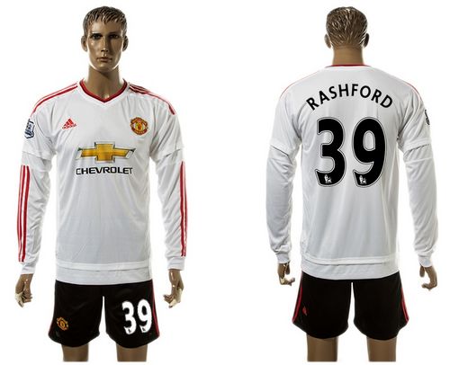 Manchester United #39 Rashford White Away Long Sleeve Soccer Club Jersey