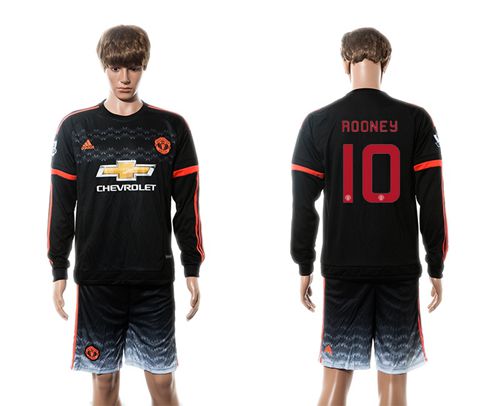 Manchester United #10 Rooney UEFA Champions Black Long Sleeves Soccer Club Jersey