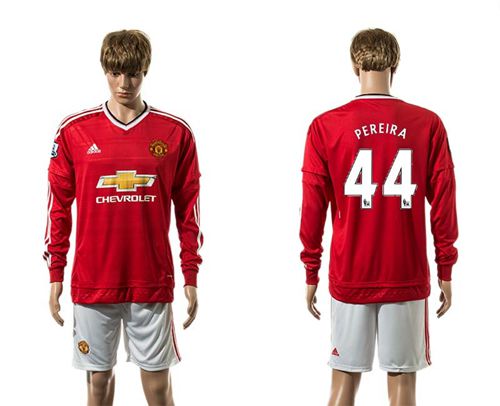 Manchester United #44 Pereira Red Home Long Sleeves Soccer Club Jersey
