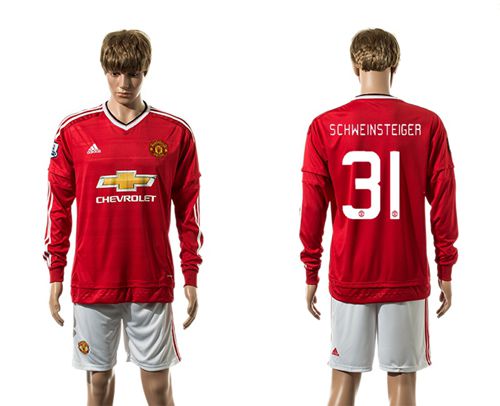 Manchester United #31 Schweinsteiger UEFA Champions Red Home Long Sleeves Soccer Club Jersey