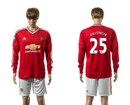 Manchester United #25 Valencia Red Home Long Sleeves Soccer Club Jersey