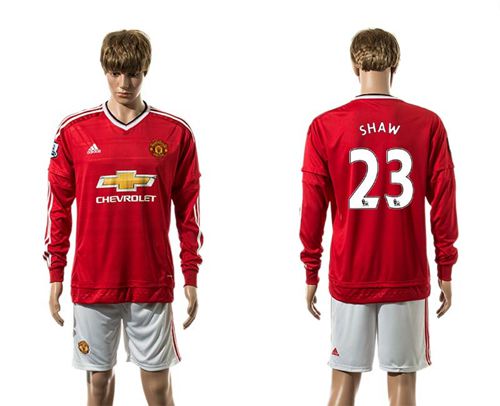 Manchester United #23 Shaw Red Home Long Sleeves Soccer Club Jersey