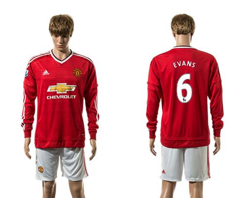 Manchester United #6 Evans Red Home Long Sleeves Soccer Club Jersey