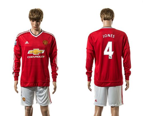 Manchester United #4 Jones Red Home Long Sleeves Soccer Club Jersey