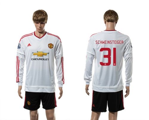 Manchester United #31 Schweinsteiger UEFA Champions White Away Long Sleeves Soccer Club Jersey