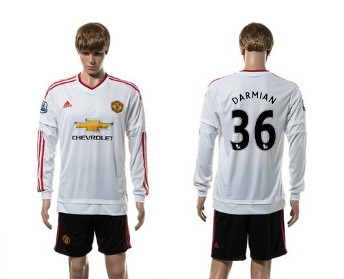 Manchester United #36 Darmian White Away Long Sleeves Soccer Club Jersey