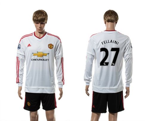 Manchester United #27 Fellaini White Away Long Sleeves Soccer Club Jersey