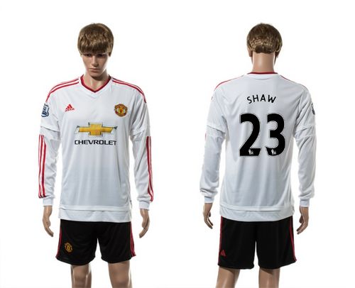 Manchester United #23 Shaw White Away Long Sleeves Soccer Club Jersey