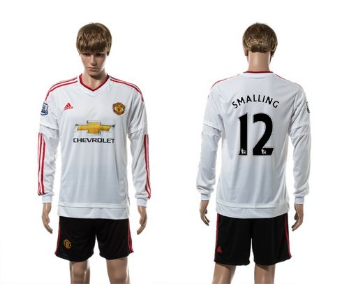 Manchester United #12 Smalling White Away Long Sleeves Soccer Club Jersey