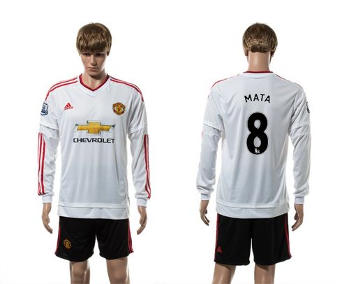 Manchester United #8 Mata White Away Long Sleeves Soccer Club Jersey