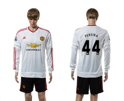 Manchester United #44 Pereira White Away Long Sleeves Soccer Club Jersey