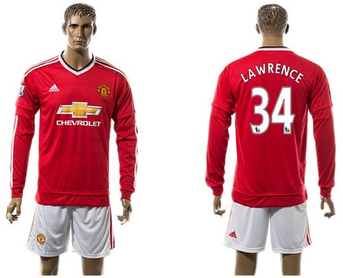 Manchester United #34 Lawrence Red Home Long Sleeves Soccer Club Jersey