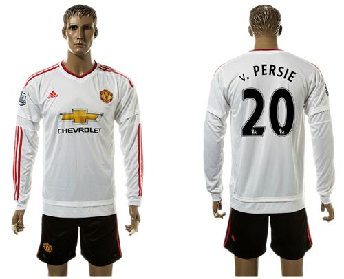 Manchester United #20 v.Persie White Away Long Sleeves Soccer Club Jersey