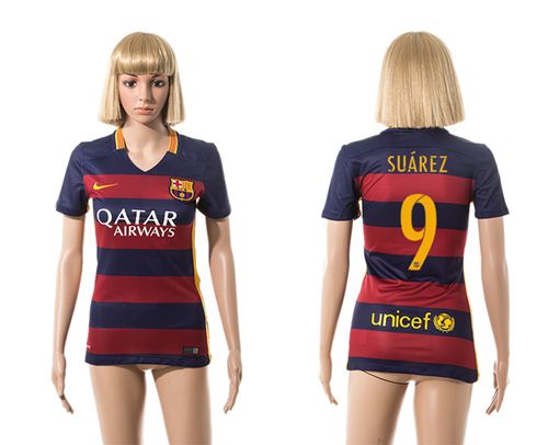 Women's Barcelona #9 Suarez Home Soccer Club Jersey