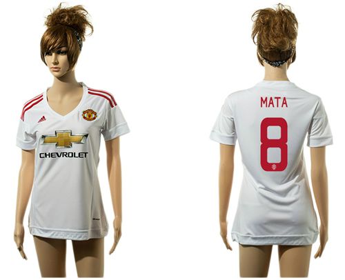 Women's Manchester United #8 Mata UEFA Champions White Away Soccer Club Jersey