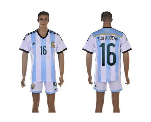 Argentina #16 Kun Aguero Home World Cup Soccer Country Jersey