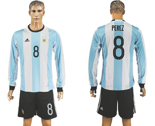 Argentina #8 Perez Home Long Sleeves Soccer Country Jersey