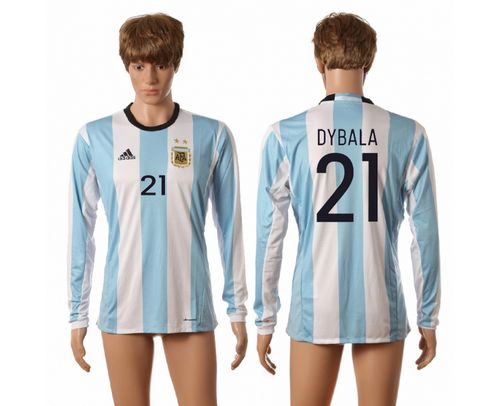 Argentina #21 Dybala Home Long Sleeves Soccer Country Jersey