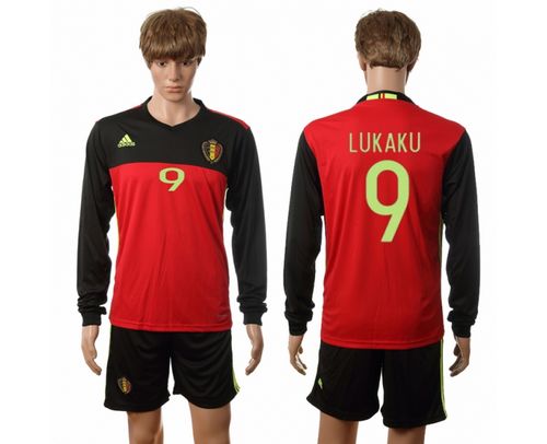Belgium #9 Lukaku Red Home Long Sleeves Soccer Country Jersey