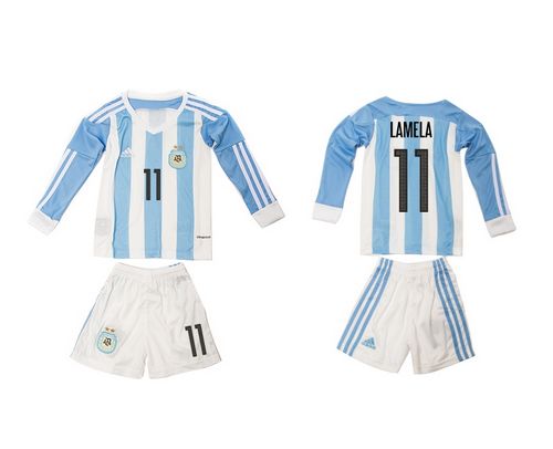 Argentina #11 Lamela Home Long Sleeves Kid Soccer Country Jersey