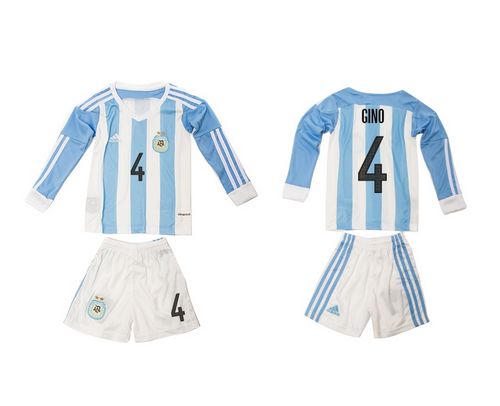 Argentina #4 Gino Home Long Sleeves Kid Soccer Country Jersey