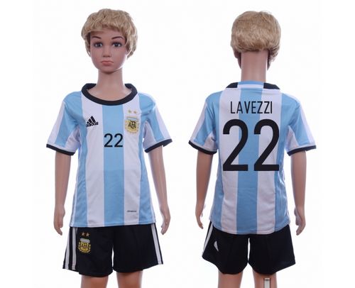 Argentina #22 Lavezzi Home Kid Soccer Country Jersey