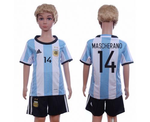 Argentina #14 Mascherano Home Kid Soccer Country Jersey