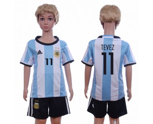 Argentina #11 Tevez Home Kid Soccer Country Jersey