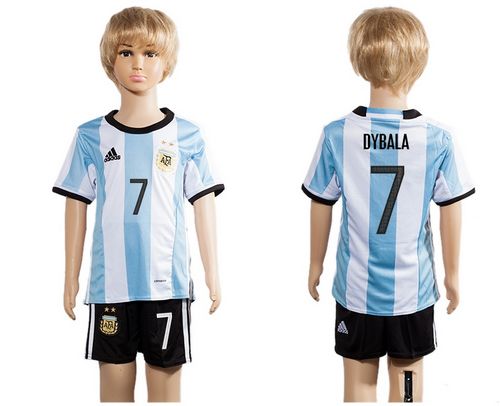 Argentina #7 Dybala Home Kid Soccer Country Jersey
