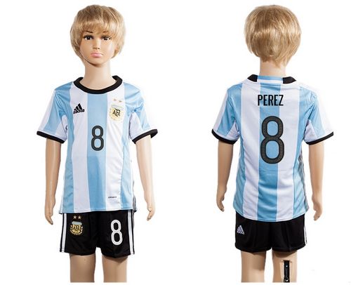 Argentina #8 Perez Home Kid Soccer Country Jersey