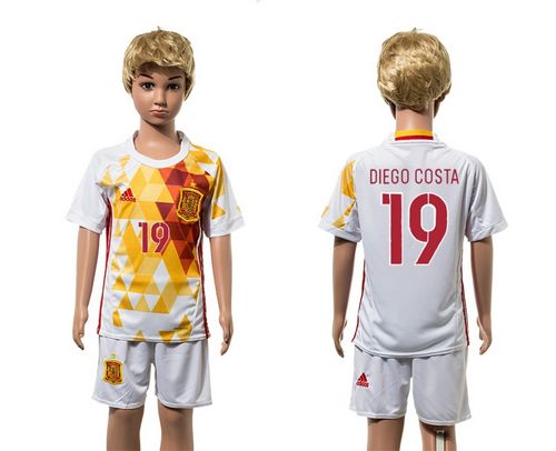 Spain #19 Diego Costa White Away Kid Soccer Country Jersey